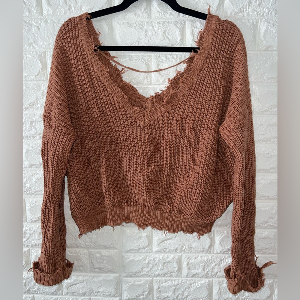 Forever 21 size small brown distressed off the shoulder sweater